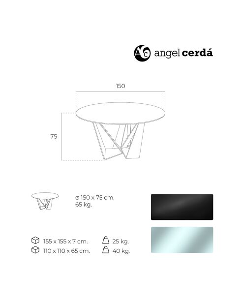 Table de salle à manger avec plateau fixe transparent/noir  - 150x150x75 cm