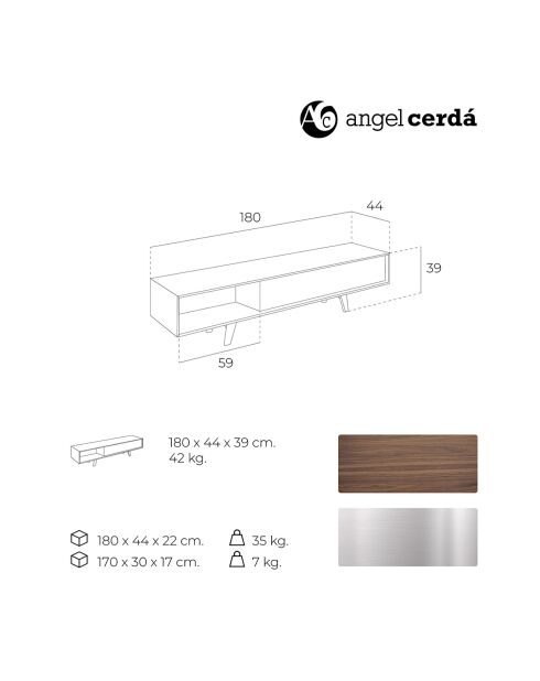 Meuble TV avec double tiroir. noyer/argenté - 180x44x39 cm