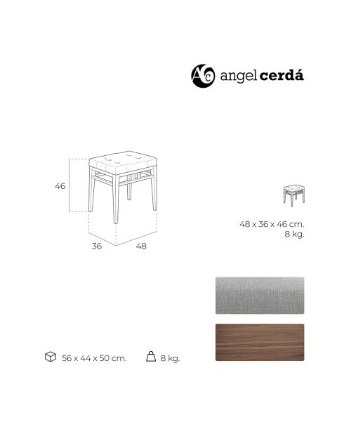 Tabouret pieds nus noyer/gris  - 48x36x46 cm