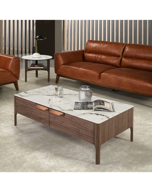 Table basse avec structure et tiroirs avec poignées noyer/blanc/gris  - 120x60x40 cm