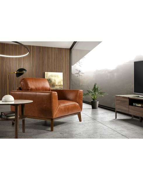 Fauteuil en Cuir cognac/noyer  - 102x96x86 cm