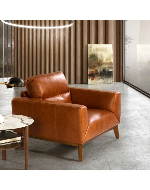 Fauteuil en Cuir cognac/noyer  - 102x96x86 cm