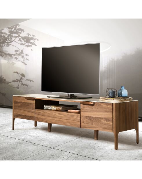 Meuble TV avec portes avec poignées noyer/blanc/gris - 180x45x50 cm