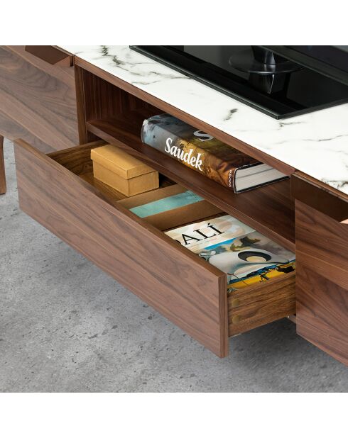 Meuble TV avec portes avec poignées noyer/blanc/gris - 180x45x50 cm