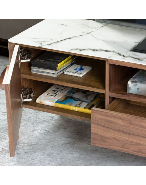 Meuble TV avec portes avec poignées noyer/blanc/gris - 180x45x50 cm