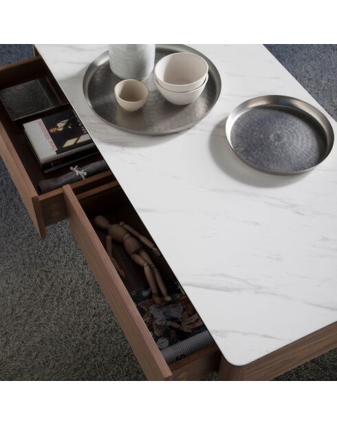 Salontafel met laden. walnoot/wit/grijs - 120x60x40 cm