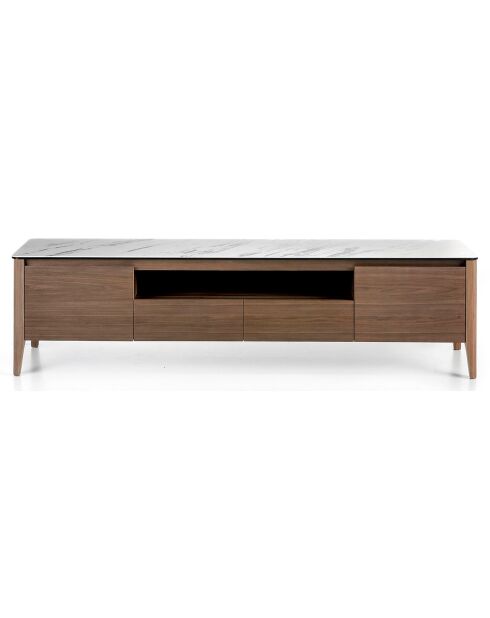 Meuble TV abec portes tiroirs et plateau noyer/blanc/gris - 200x45x51 cm