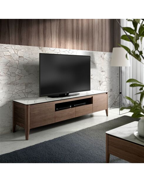 Meuble TV abec portes tiroirs et plateau noyer/blanc/gris - 200x45x51 cm