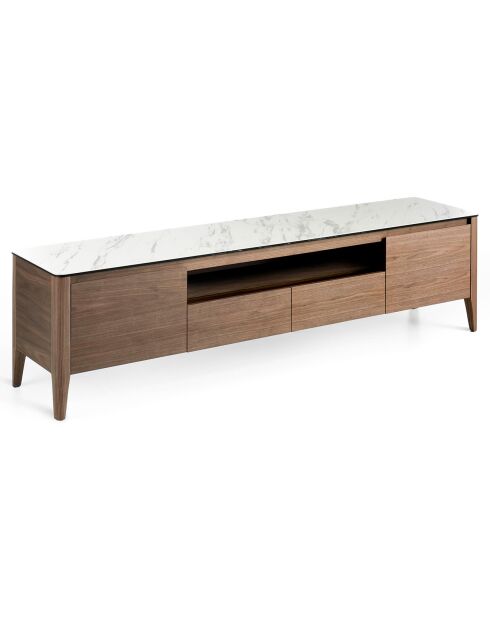 Meuble TV abec portes tiroirs et plateau noyer/blanc/gris - 200x45x51 cm