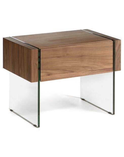 Table de nuit en bois plaqué noyer avec tiroir noyer/transparent  - 58x39x43 cm