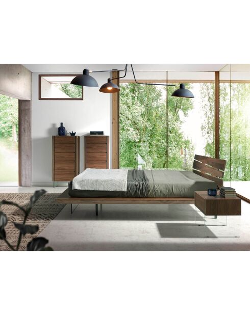 Table de nuit en bois plaqué noyer avec tiroir noyer/transparent  - 58x39x43 cm