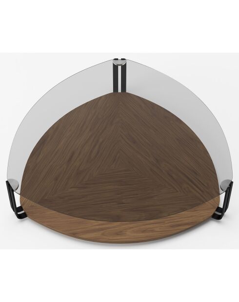 Table basse avec plateau triangulaire transparent/noir/noyer - 135x135x32 cm