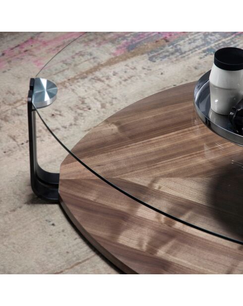 Table basse avec plateau triangulaire transparent/noir/noyer - 135x135x32 cm