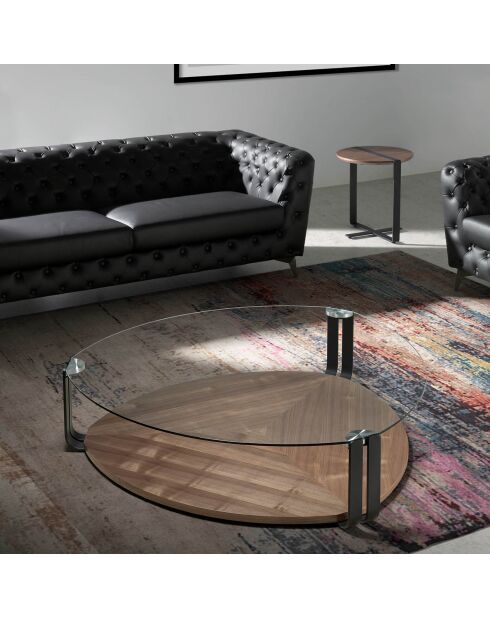 Couchtisch mit dreieckiger transparenter/schwarz/nussbaumfarbener Platte - 135x135x32 cm