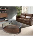 Table basse avec plateau triangulaire transparent/noir/noyer - 135x135x32 cm