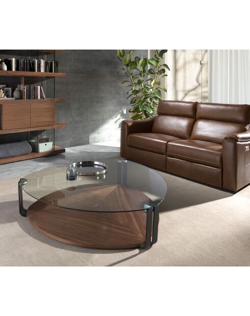 Table basse avec plateau triangulaire transparent/noir/noyer - 135x135x32 cm