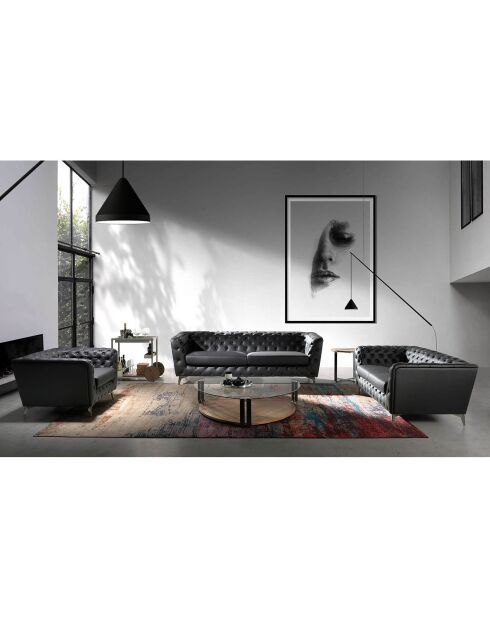 Table basse avec plateau triangulaire transparent/noir/noyer - 135x135x32 cm