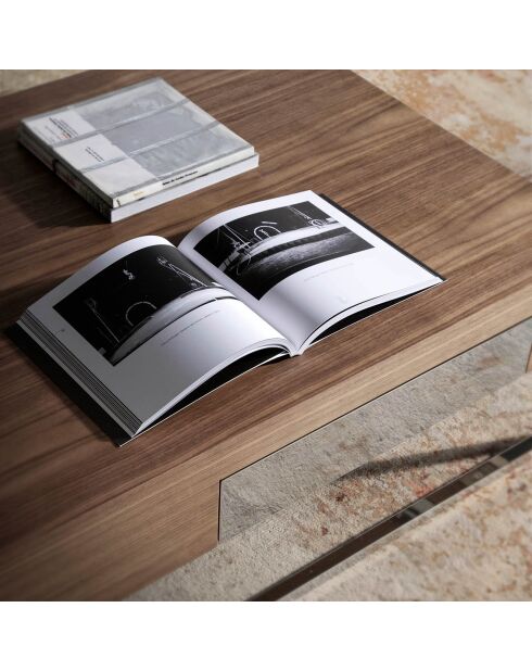Table basse avec tiroir frontal noyer/argenté  - 120x70x33 cm