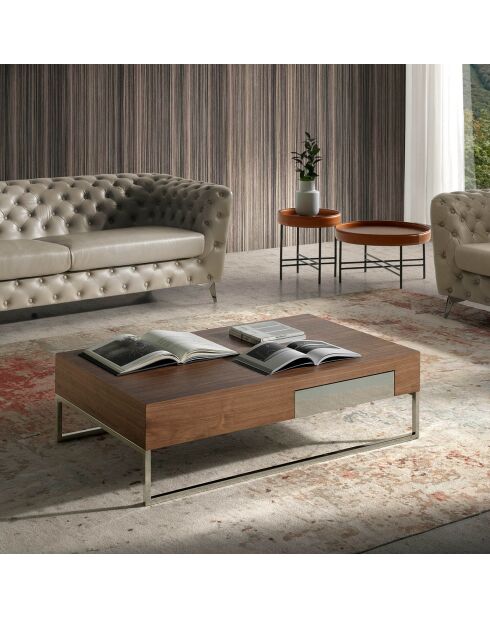 Table basse avec tiroir frontal noyer/argenté  - 120x70x33 cm