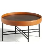 Table basse ronde plateau noyer/cognac/noir - 62x62x35 cm