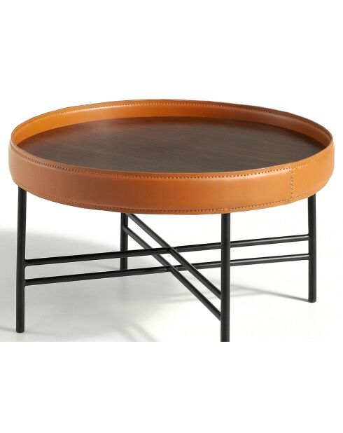 Table basse ronde plateau noyer/cognac/noir - 62x62x35 cm