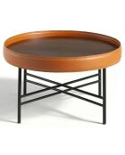 Table basse ronde plateau noyer/cognac/noir - 62x62x35 cm