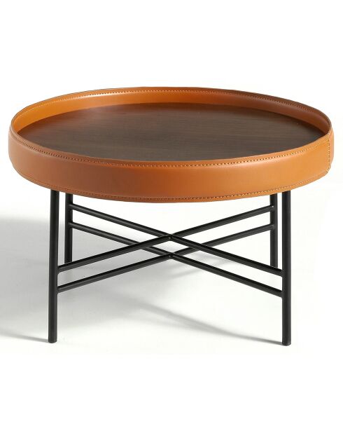 Runder Couchtisch mit Platte aus Nussbaumholz/Cognac/Schwarz - 62x62x35 cm