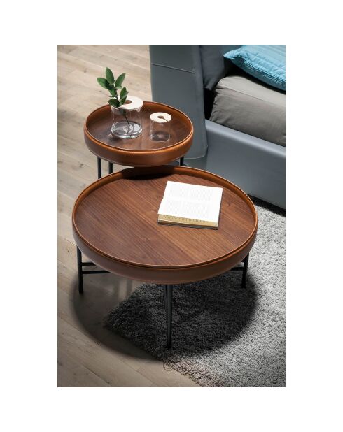 Table basse ronde plateau noyer/cognac/noir - 62x62x35 cm