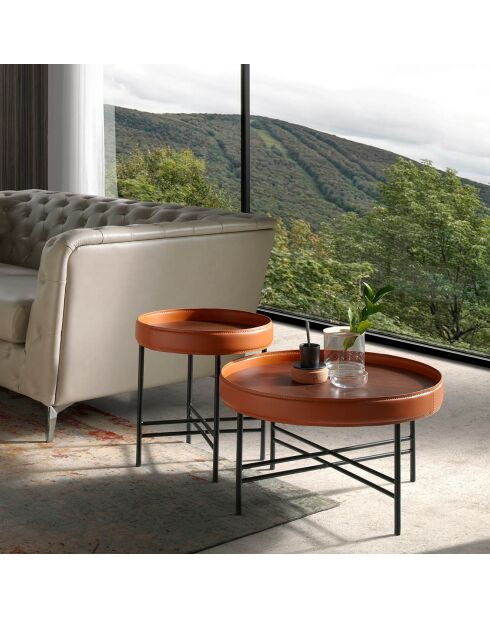 Table basse ronde plateau noyer/cognac/noir - 62x62x35 cm