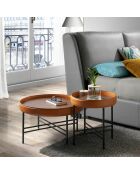Table basse ronde plateau noyer/cognac/noir - 62x62x35 cm