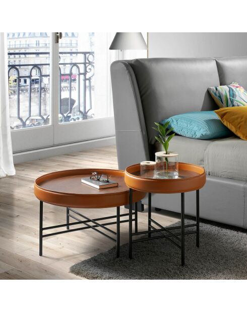 Table basse ronde plateau noyer/cognac/noir - 62x62x35 cm