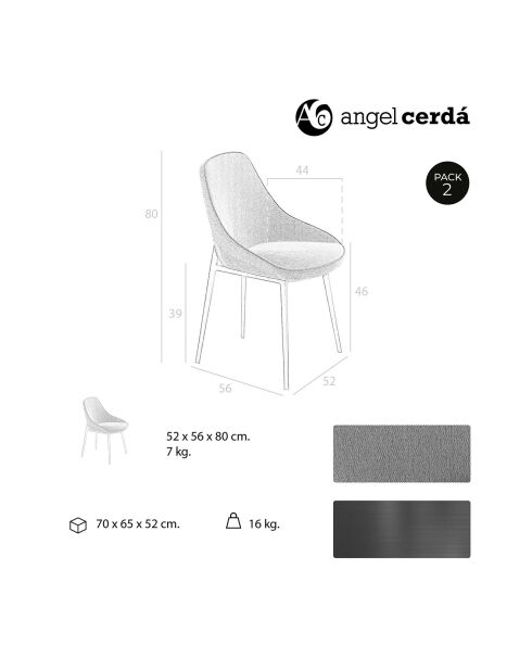 Chaise de table de salle à manger gris/noir  - 52x56x80 cm