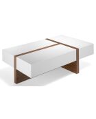 Table basse rectangulaire 2 tiroirs latéraux et 1 tiroir d'extrémité blanc brillant/noyer  - 120x70x35 cm