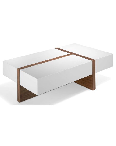 Table basse rectangulaire 2 tiroirs latéraux et 1 tiroir d'extrémité blanc brillant/noyer  - 120x70x35 cm