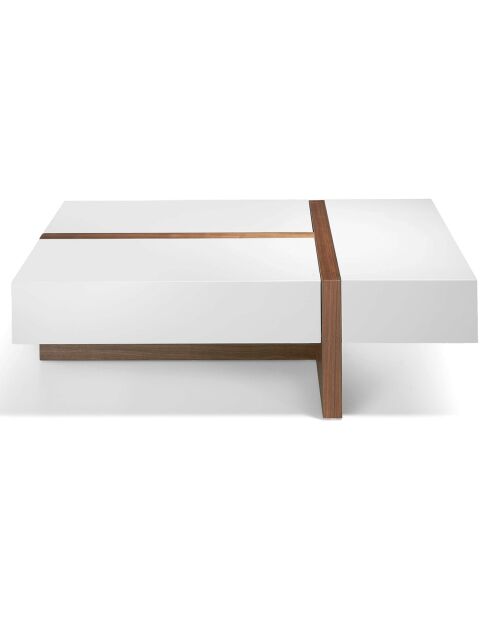 Table basse rectangulaire 2 tiroirs latéraux et 1 tiroir d'extrémité blanc brillant/noyer  - 120x70x35 cm