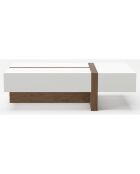 Table basse rectangulaire 2 tiroirs latéraux et 1 tiroir d'extrémité blanc brillant/noyer  - 120x70x35 cm