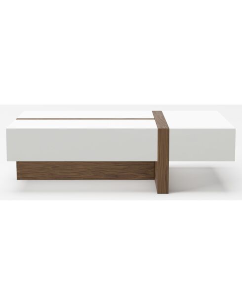Table basse rectangulaire 2 tiroirs latéraux et 1 tiroir d'extrémité blanc brillant/noyer  - 120x70x35 cm