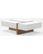 Table basse rectangulaire 2 tiroirs latéraux et 1 tiroir d'extrémité blanc brillant/noyer  - 120x70x35 cm