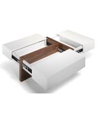 Table basse rectangulaire 2 tiroirs latéraux et 1 tiroir d'extrémité blanc brillant/noyer  - 120x70x35 cm