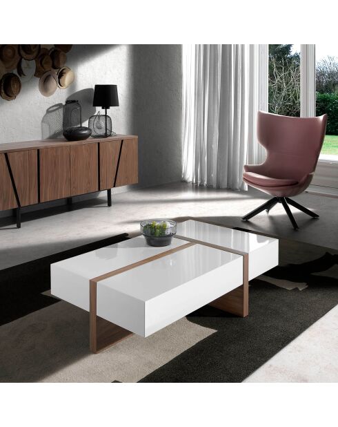 Table basse rectangulaire 2 tiroirs latéraux et 1 tiroir d'extrémité blanc brillant/noyer  - 120x70x35 cm