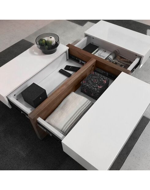 Table basse rectangulaire 2 tiroirs latéraux et 1 tiroir d'extrémité blanc brillant/noyer  - 120x70x35 cm