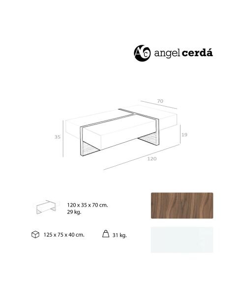 Table basse rectangulaire 2 tiroirs latéraux et 1 tiroir d'extrémité blanc brillant/noyer  - 120x70x35 cm
