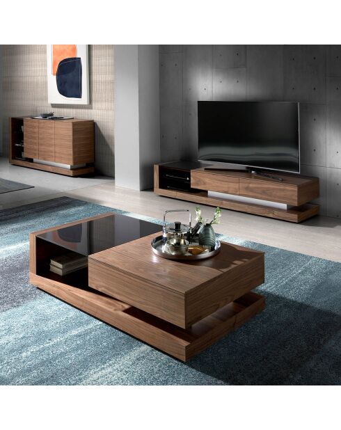 Credenza con ripiano in vetro colorato e 3 ante in noce/nero - 170x40x83 cm