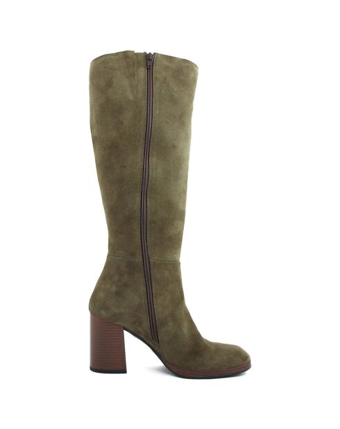 Bottes en Velours de Cuir Dolce kaki - Talon 8.5 cm