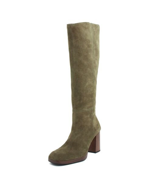 Bottes en Velours de Cuir Dolce kaki - Talon 8.5 cm