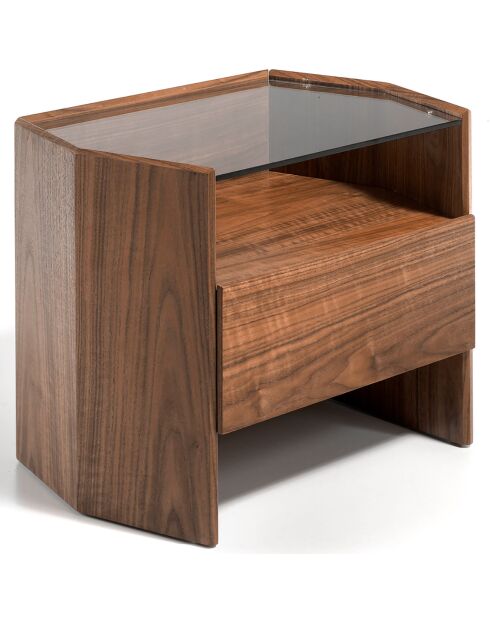 Table de chevet hexagonale transparent/noyer - 65x45x50 cm