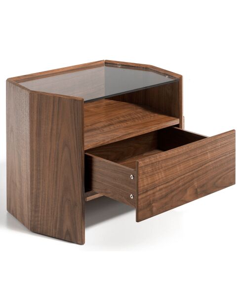 Table de chevet hexagonale transparent/noyer - 65x45x50 cm
