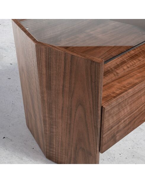 Table de chevet hexagonale transparent/noyer - 65x45x50 cm