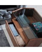 Table de chevet hexagonale transparent/noyer - 65x45x50 cm