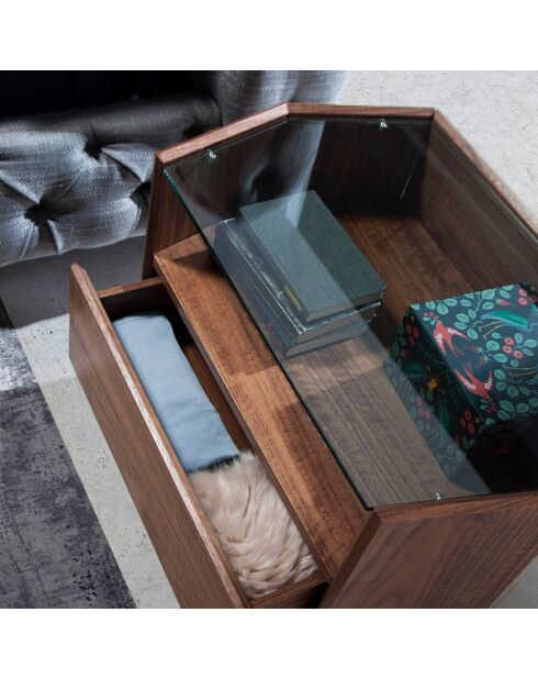 Table de chevet hexagonale transparent/noyer - 65x45x50 cm